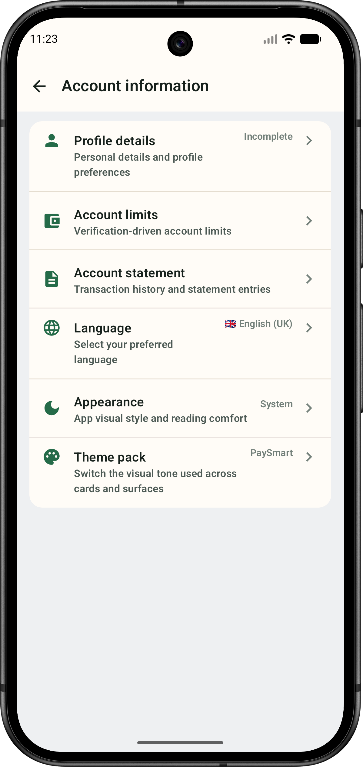 PaySmart account information screen showing profile details, account limits, account statement, language, appearance, and theme controls.