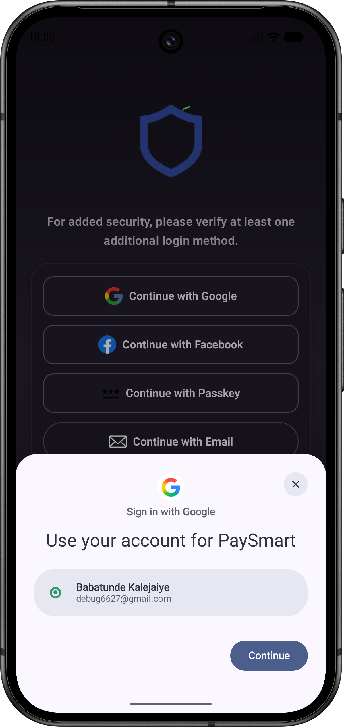 PaySmart verification screen asking the user to add an extra login method with Google, Facebook, passkey, or email options.