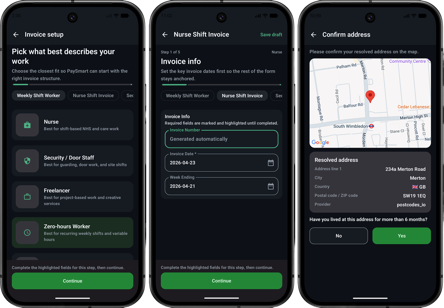 PaySmart product display showing passkeys, identity, live FX, profile, invoice setup, and address confirmation screens.