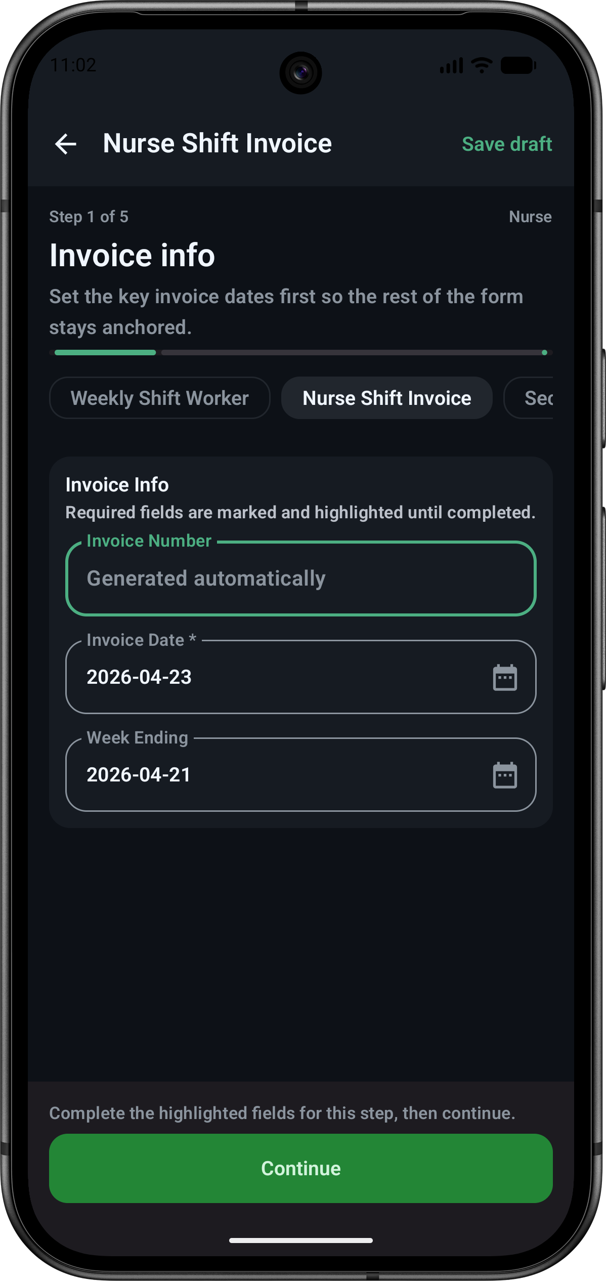 PaySmart nurse shift invoice screen showing invoice dates, generated invoice number, draft saving, and a continue action.