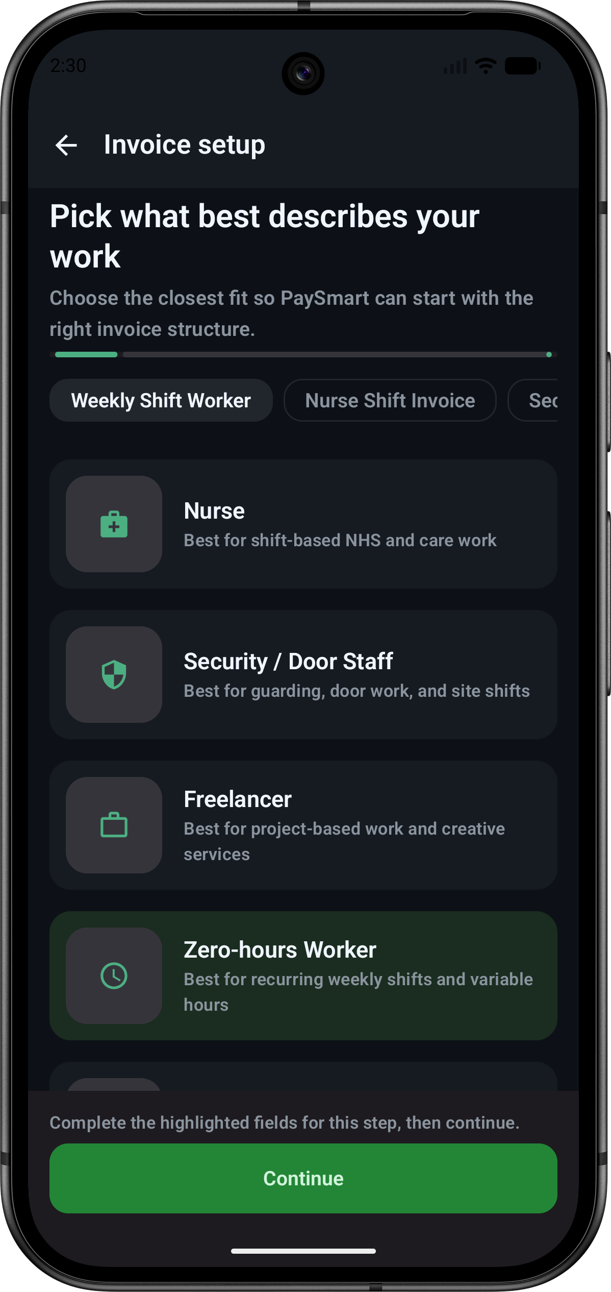 PaySmart invoice setup screen asking the user to pick the work type that best describes their invoice.