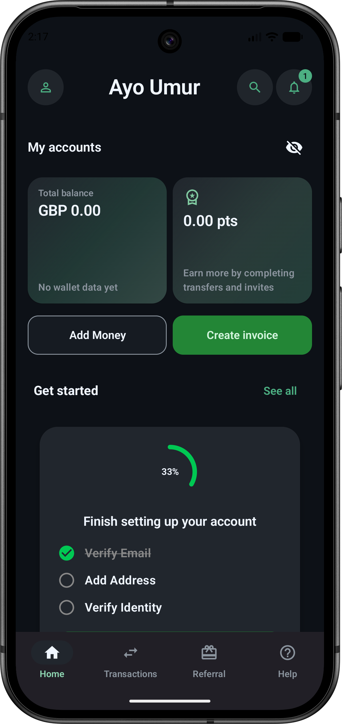PaySmart home screen showing a notification badge, account setup progress, balance cards, and a create invoice action.