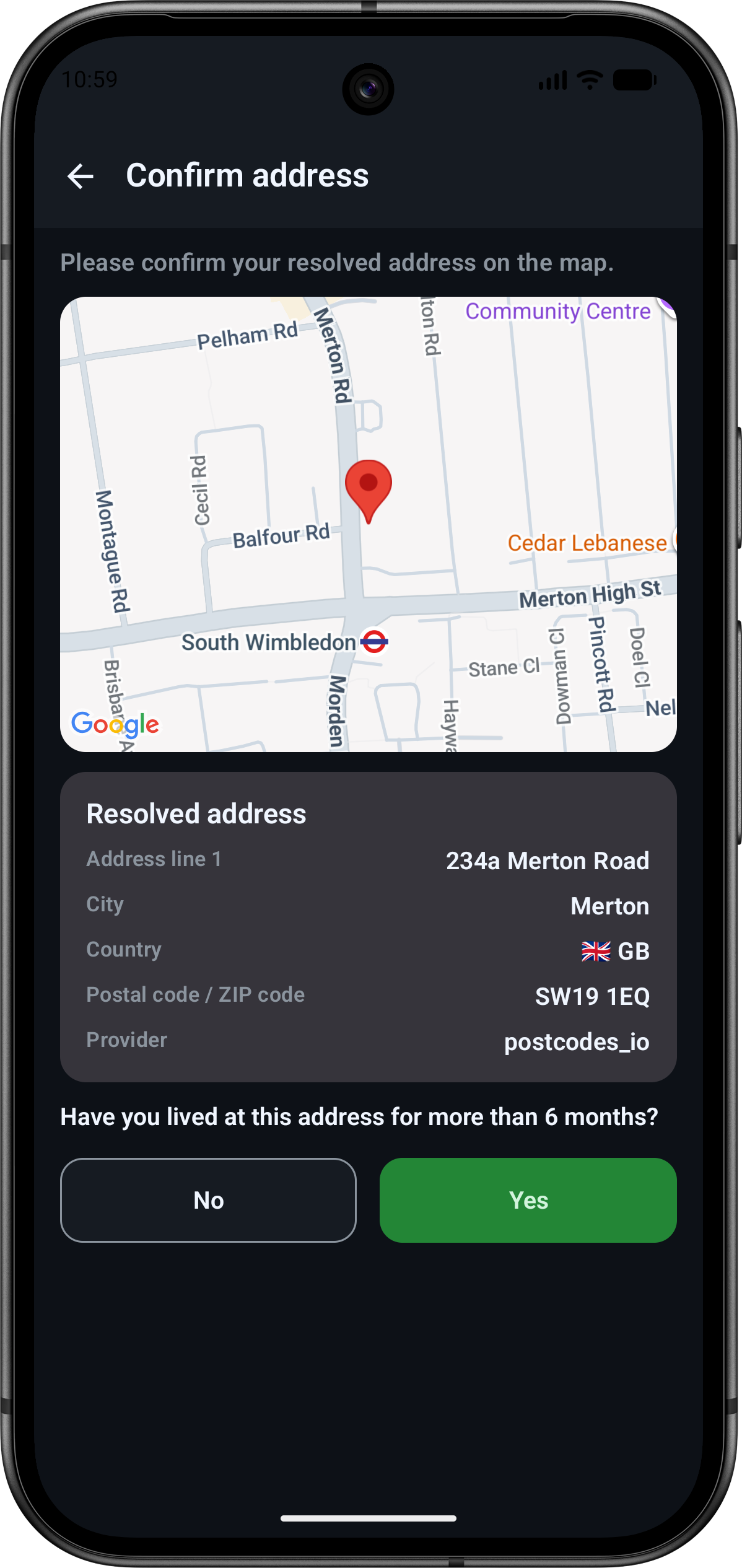 PaySmart confirm address screen showing a resolved address on a map, postcode details, provider, and a residency confirmation question.