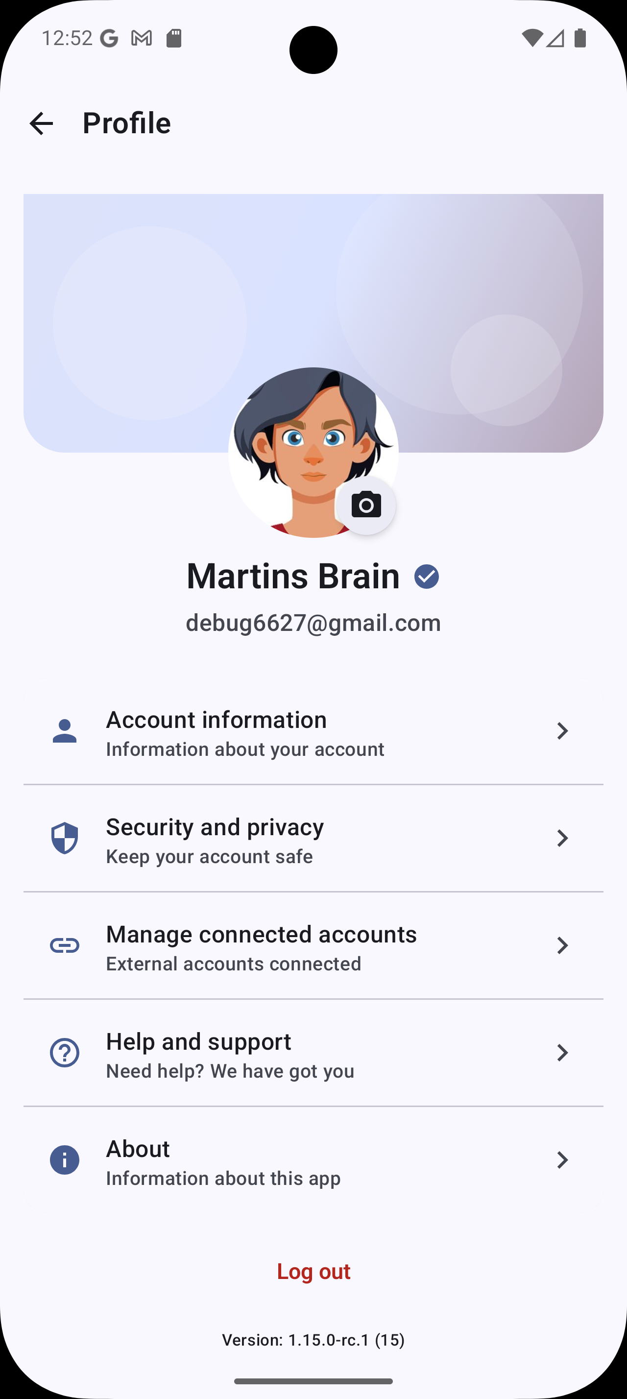 PaySmart profile screen in light mode showing account information, security, connected accounts, support, and about.