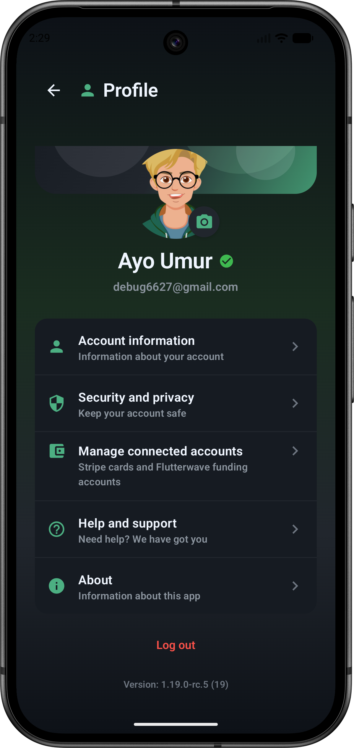 PaySmart profile screen in dark mode showing account information, security and privacy, connected accounts, help and support, and about options.
